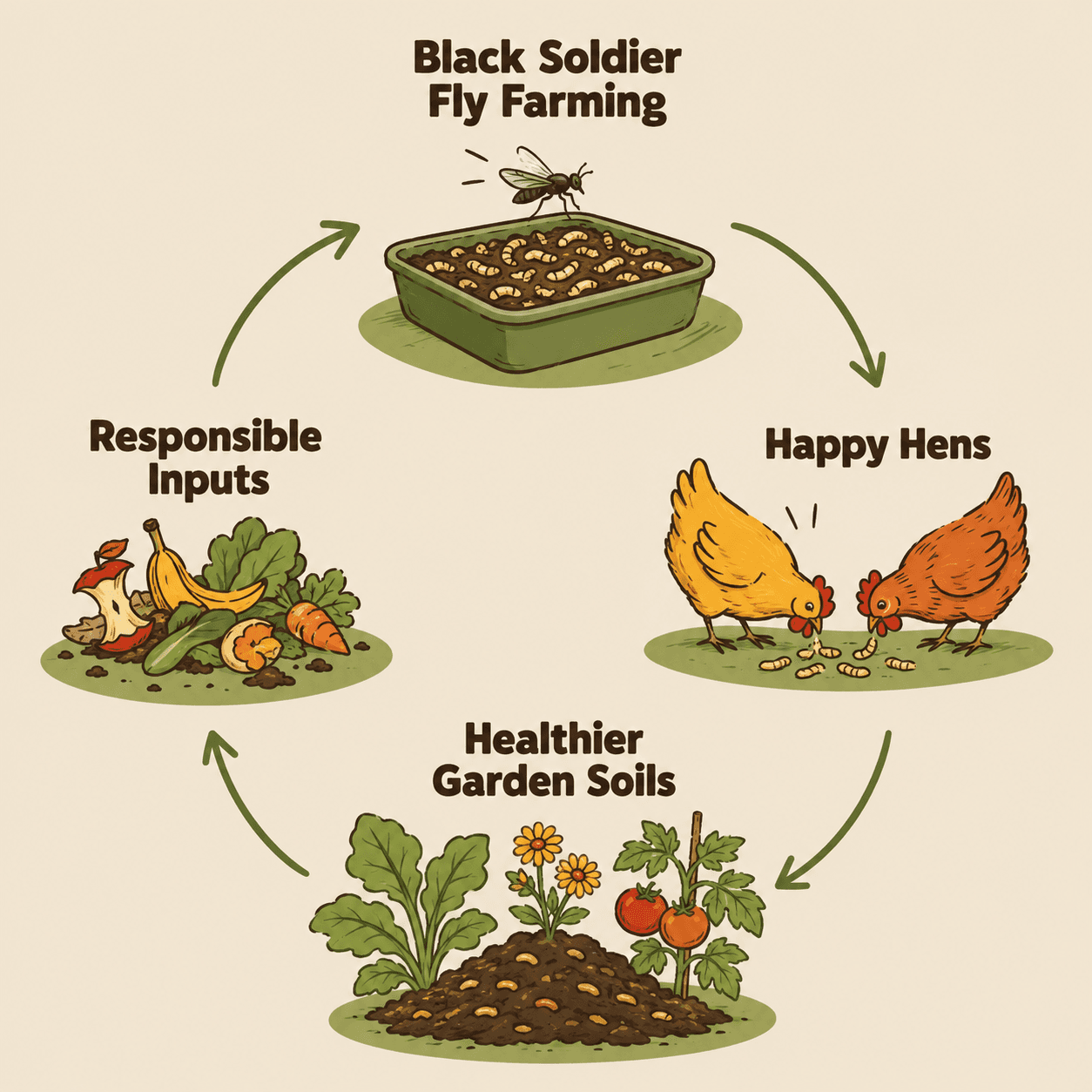 Circular economy illustration linking black soldier fly farming, responsible inputs, happy hens and healthier garden soils