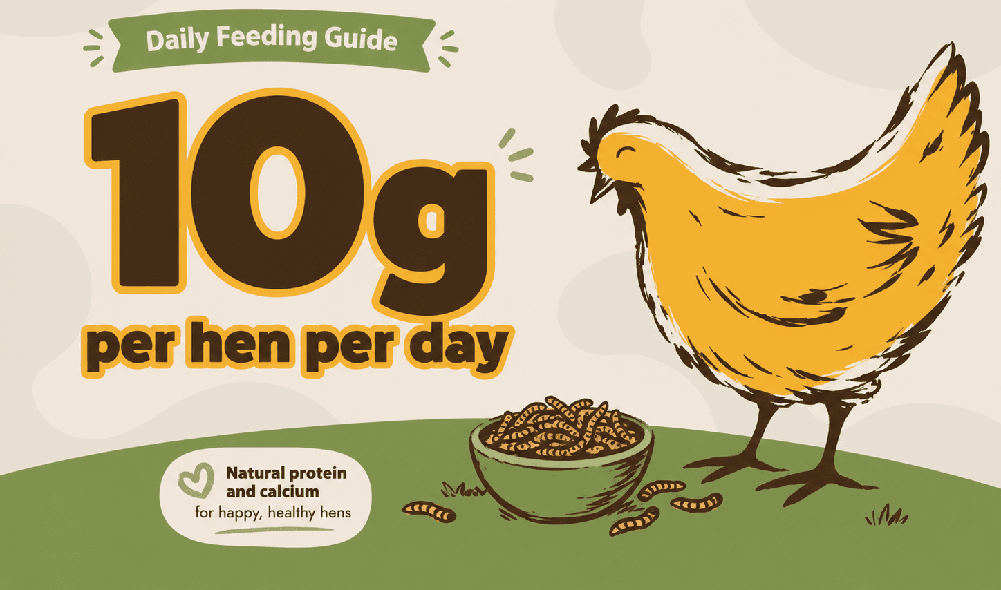 The Happy Hen Co Daily Feeding Guide showing 10g of Live Calci Worms per hen per day