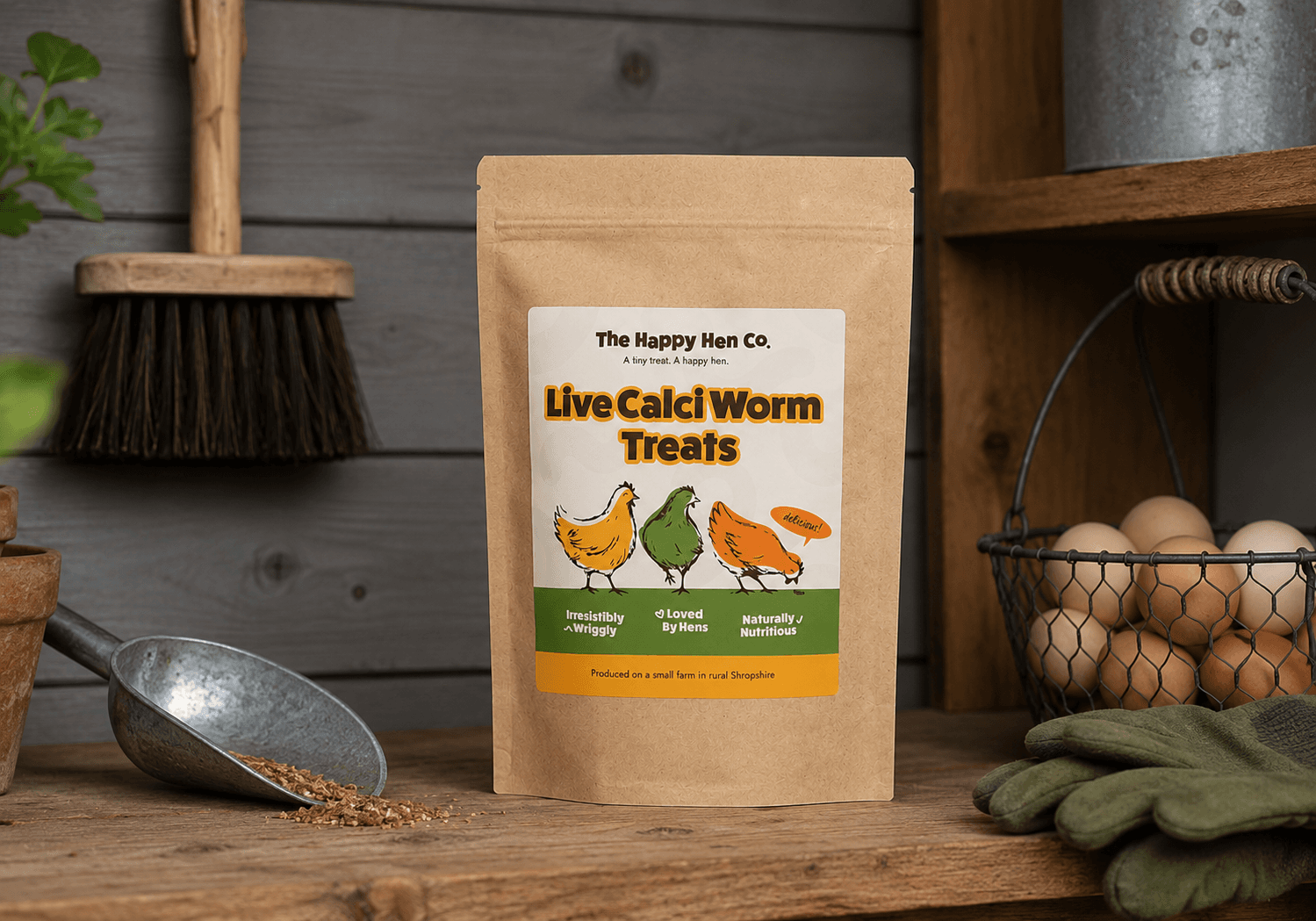 Live Calci Worm Treats pack stored upright in a cool dry garden shed setting