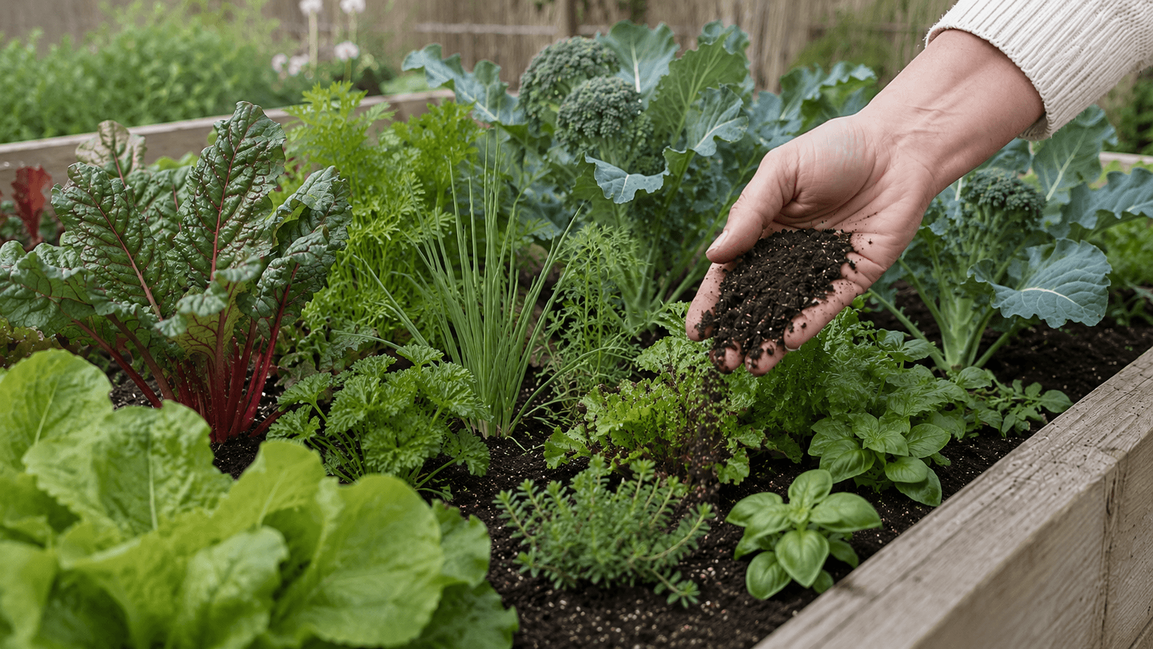 Superfrass applied to soil around vegetables and herbs in a raised bed